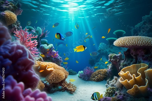 A Colorful Coral Reef Scene with Tropical Fish  Sunlight  and Clear Ocean Water - Perfect for Travel Concept and Digital Design Art  Generative AI.