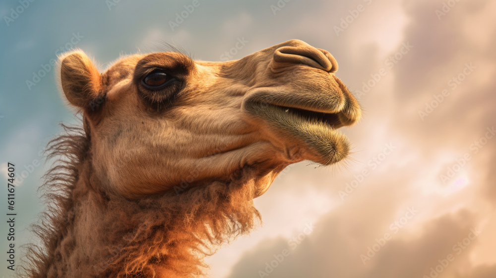 Obraz premium detailed view of camel in golden hour created with Generative AI technology