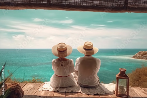 Couple Relaxing with Straw Hats and Admiring Stunning Ocean Views on a Serene Sunday Morning at a Heavenly Beach, Created by AI Technology., Generative AI. © ParinApril