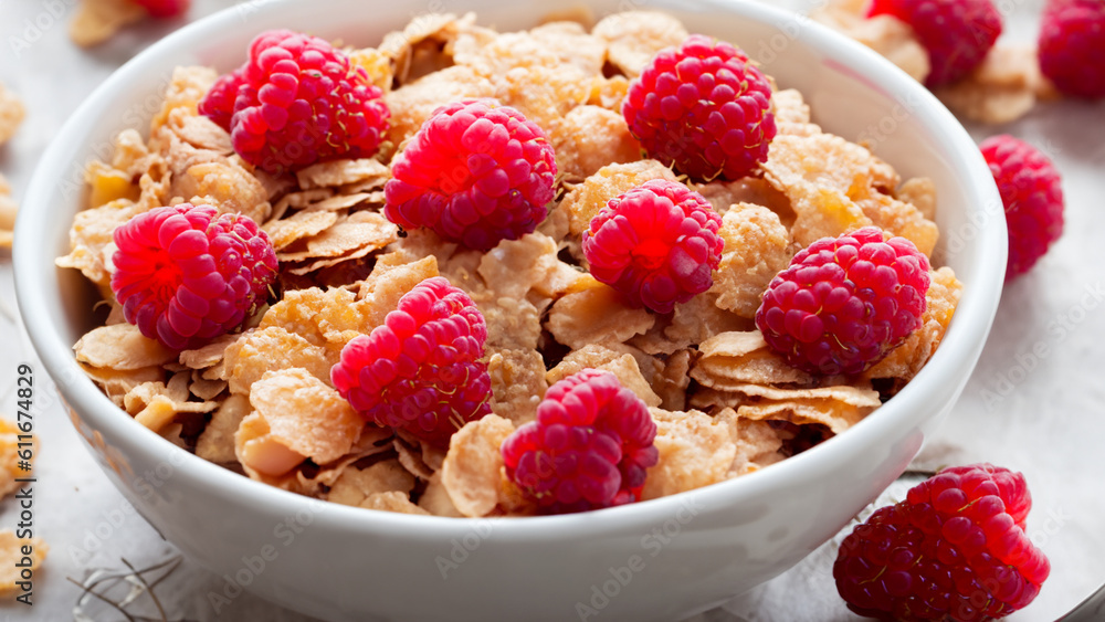 Bowl of vanilla almond clusters cereal topped with fresh raspberries - generative ai Bowl of vanilla almond clusters cereal topped with fresh raspberries - generative ai