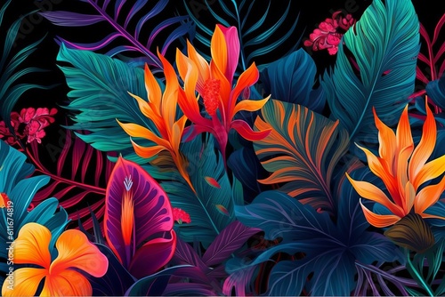 Vibrant Botanical Design: Modern Tropical Print of Palm Leaves and Flowers on a Bold Black Background, Generative AI.