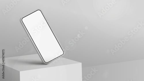 White smartphone on square podium for product presentation, 3d realistic vector illustration. Smartphone mockup for your arts