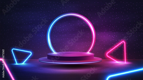 Empty podium with line gradient neon ring on background. illustration with podium on background with night landscape