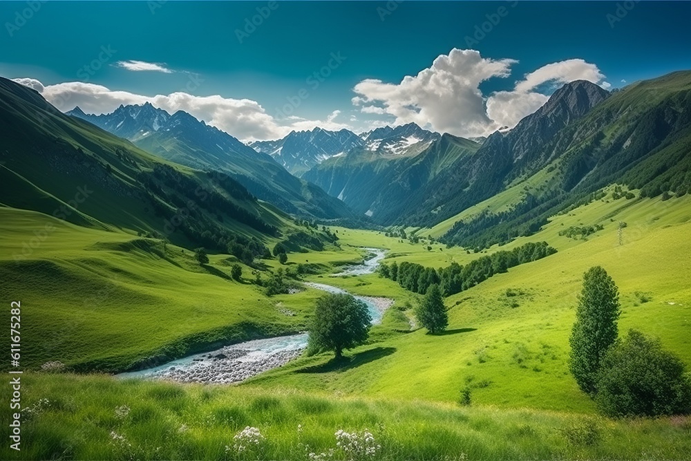 Stunning Summer Views of Georgia's Majestic Mountains: A Breathtaking Alpine Meadow in Svaneti Valley with Lush Green Grasslands, Generative AI.