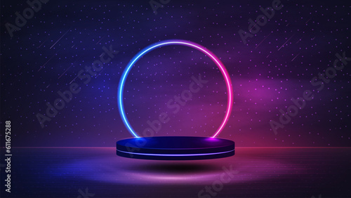 Empty podium with line gradient neon ring on background with night starry landscape