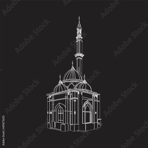line art style of mosque in White color isolated black color