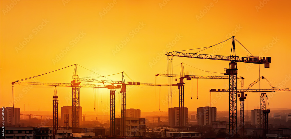 Silhouettes on construction cranes against orange sunset sky, building industry concept. Wide banner space for text upper part. Generative AI