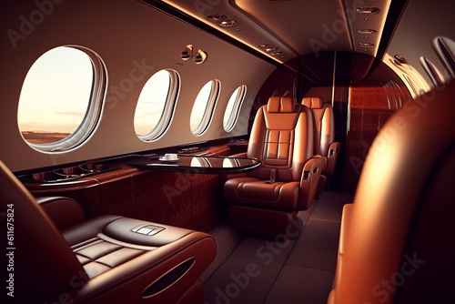 Luxurious Private Jet Interior Featuring Plush Leather Seats, Generative AI. © ParinApril