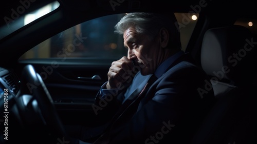 CEO Male Caucasian Mature Making phone calls and negotiating deals in a chauffeured moving car. Generative AI AIG22. photo