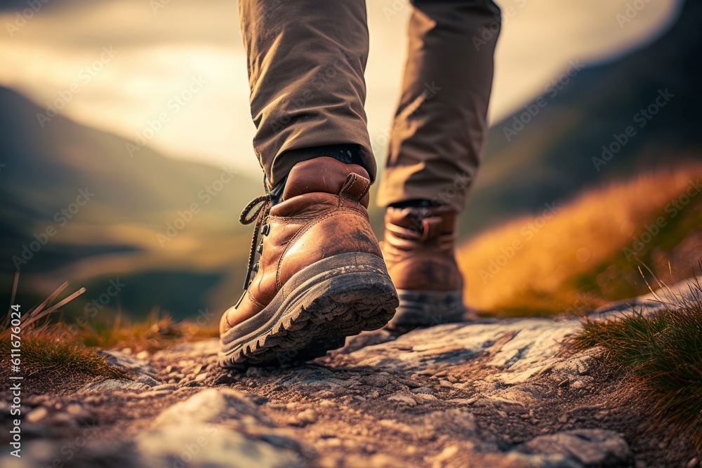 Exploring New Heights: Close-up of Leather Hiking Boot on Mountain Trail Exploring New Heights: Close-up of Leather Hiking Boot on Mountain Trail