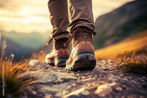 Exploring New Heights: Close-up of Leather Hiking Boot on Mountain Trail