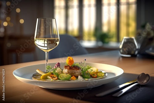 Fototapeta Naklejka Na Ścianę i Meble -  AI-Generated Image of a Luxurious Restaurant Setting with a Michelin Star-Quality Dish and Wine on the Table, Generative AI.