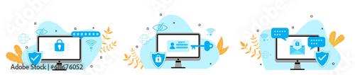 cyber security illustration with computer monitor shield and internet connection safety for internet