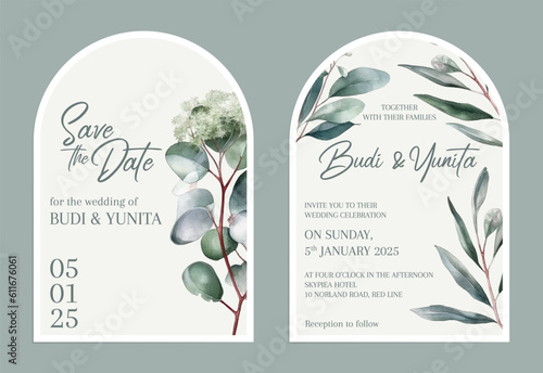 Vector modern invitation card template set with clean minimalist boho style watercolor leaves and flower