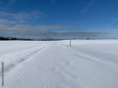 Snow covered the trail, Les Fourgs, Jura, France