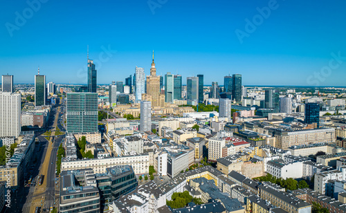 Aerial view of Warsaw city center in summer, Poland