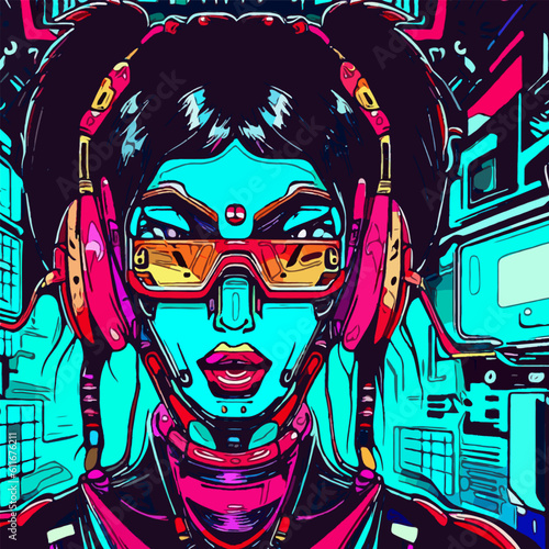 Cyberpunk woman portrait. Woman beauty fashion concept, minimalistic style. Trendy modern illustration for poster, banner, cover. 