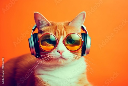 Canvas Print Cool DJ Ginger Cat with Sunglasses and Headphones. Generative AI