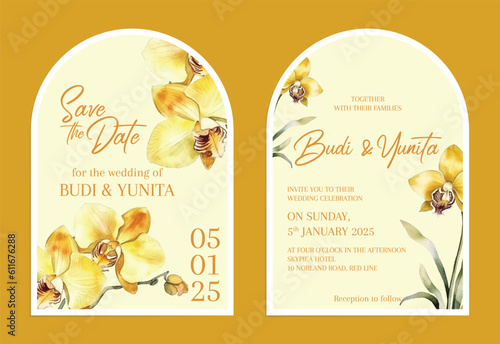 Vector modern invitation card template set with clean minimalist boho style watercolor leaves and flower