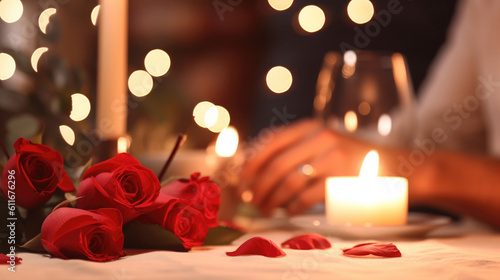 Blurred image of a couple at a candlelit dinner, holding hands with red roses on the table.