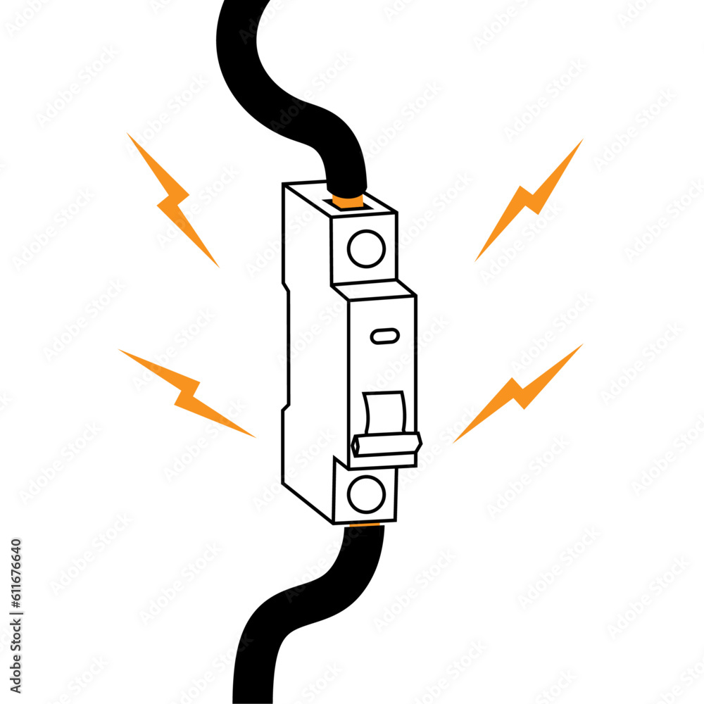 Electrical panel. Broken switchboard. Danger sign. The wire under