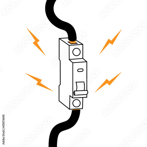 Electrical panel. Broken switchboard. Danger sign. The wire under tension.  Short circuit, red flame and fire. Circuit breaker. overload of the system. Cartoon flat illustration. Damaged equipment