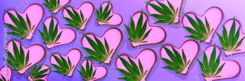 Fototapeta Naklejka Na Ścianę i Meble -  Composition with cannabis leaves and decorated cookies and heart shaped space for text, top view. Valentine's Day. Gingerbread hearts on a Very Peri background.