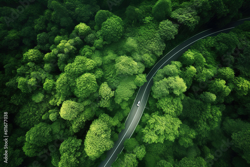 Aerial photography of forest trees and road surfaces