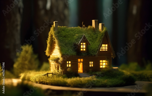 a house with moss in the middle of the forest, in the style of play with light - generative ai