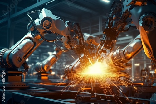 avanced Technology Industrial Welding Robots: Futuristic Factory's Robotic Arms at Work., Generative AI. photo