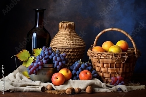 Grapes on a Basket with Jug in Still Life. Generative AI