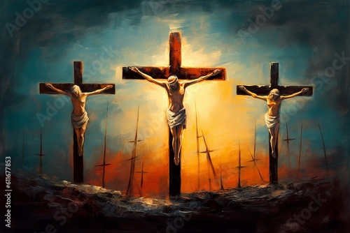 Symbolic Crucifixion: An Oil Painting of Three Crosses on Calvary Depicting Jesus Christ's Sacrifice, Generative AI.