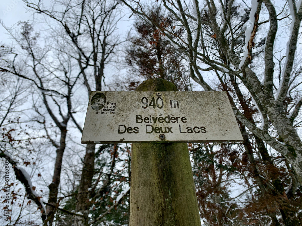 sign in the woods, Belvédère des Deux Lacs, Jura, France