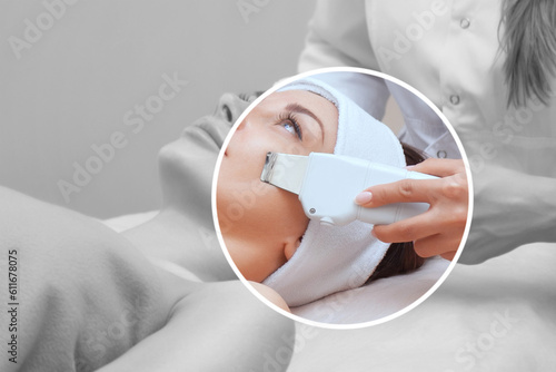 The doctor-cosmetologist makes the ultrasound cleaning procedure of the facial skin of a beautiful, young woman in a beauty salon. Cosmetology and professional skin care. photo