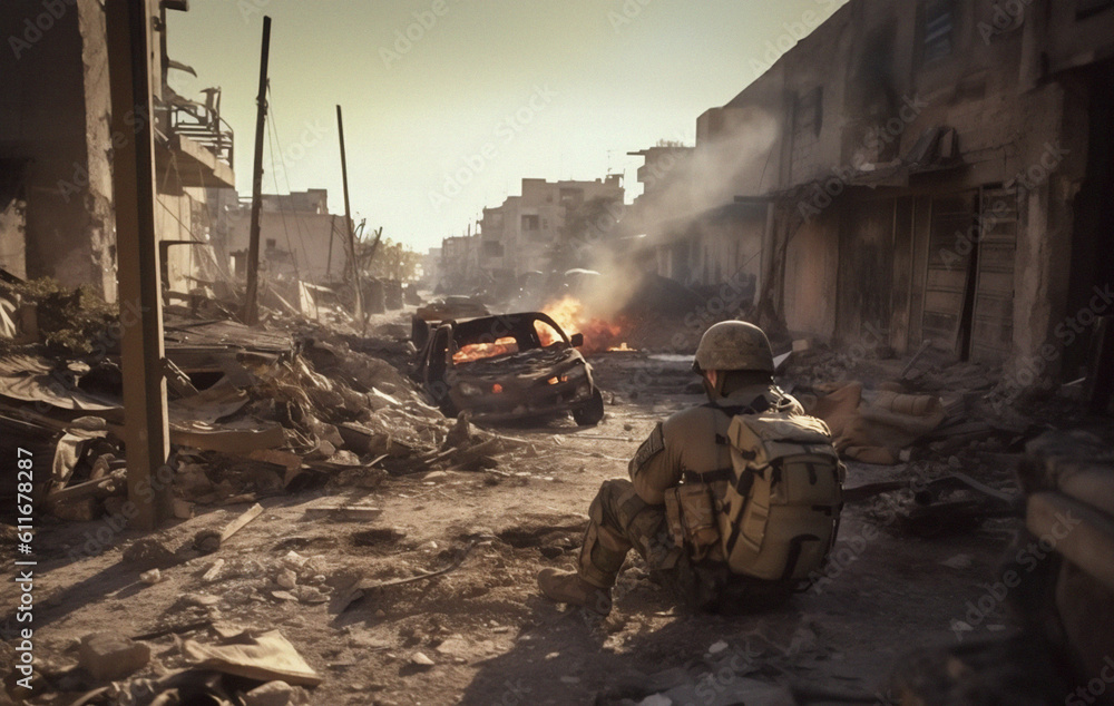 Fototapeta premium A soldier in a war torn city