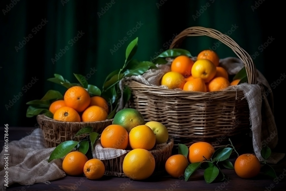 Tangerines and Assorted Fruits in a Still Life. Generative AI