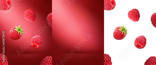 Display sweet product red background raspberry png fruits mockup photo