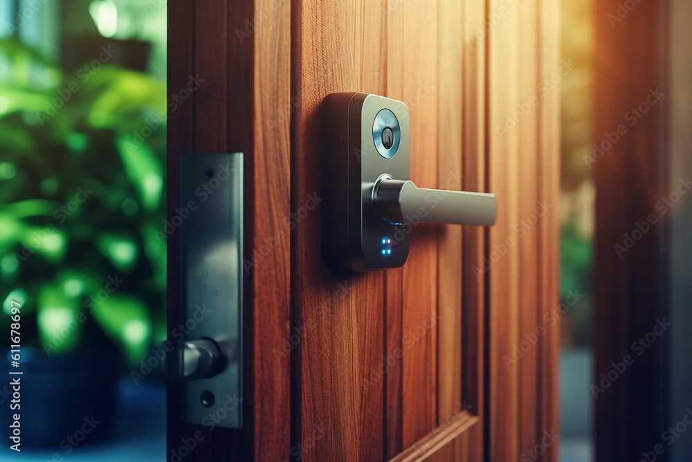 Obraz premium Locking smartlock on the entrance door using a smart phone remotely. Concept of using smart electronic locks with keyless access Generative AI