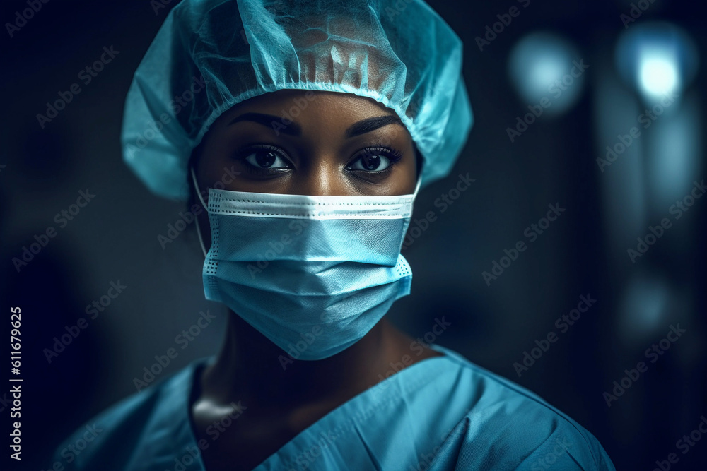 portrait of a black female surgeon doctor in a medical mask in the hospital, created with generative ai portrait of a black female surgeon doctor in a medical mask in the hospital, created with generative ai