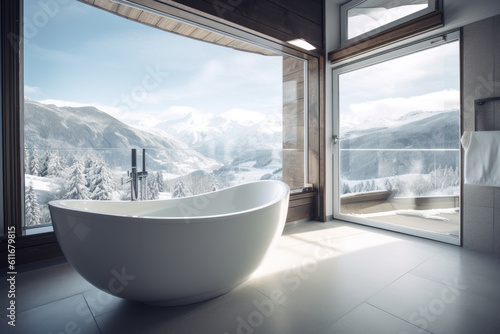 Stylish contemporary room in a mountain chalet. Photorealistic illustration generative AI.