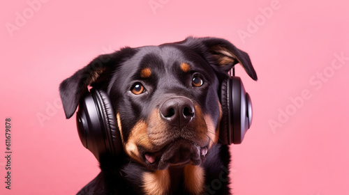 Happy dog in headphones on a pink background. AI generation © dwoow