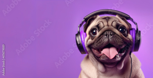 Happy puppy in headphones on a purple background. AI generation photo