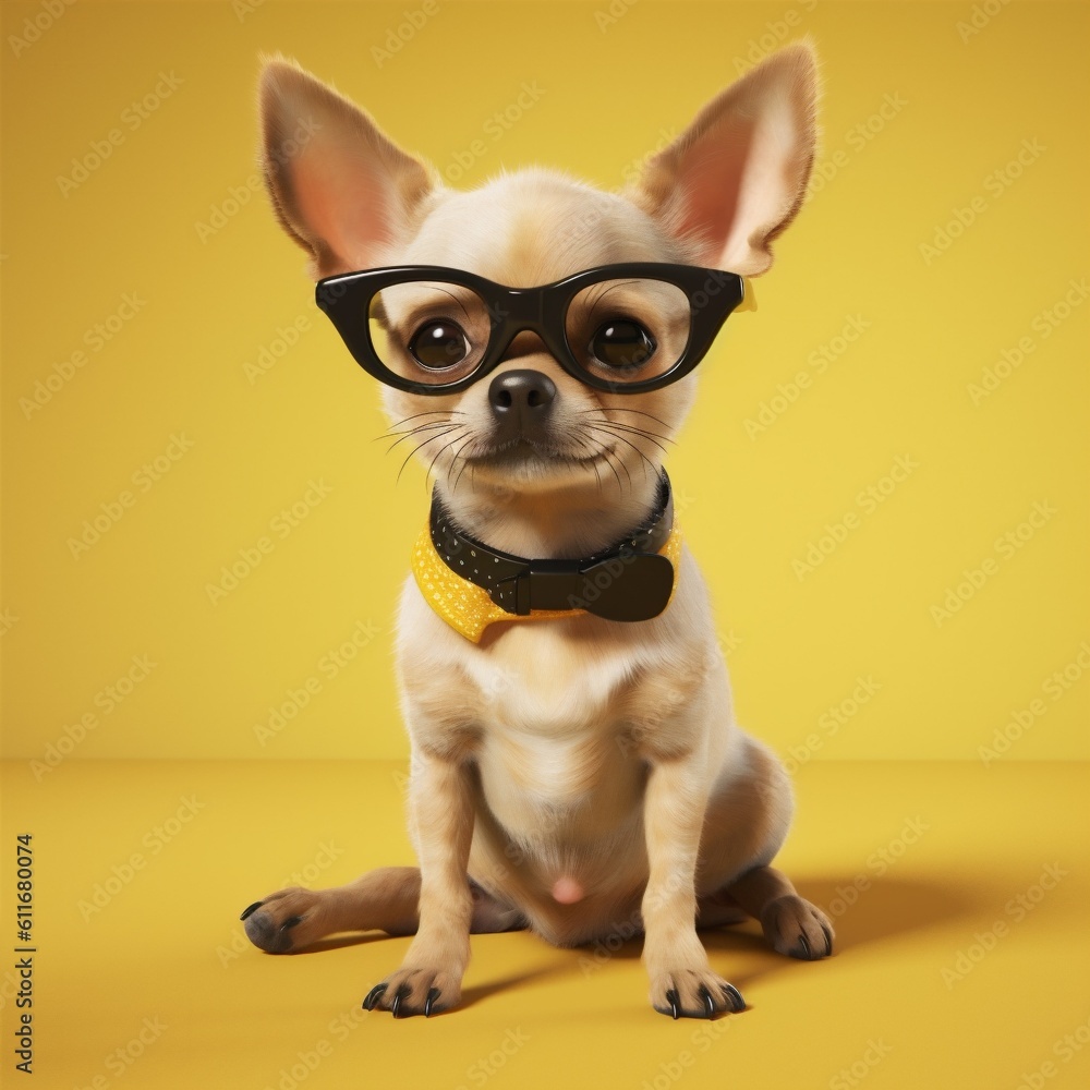 puppy dog background portrait yellow pet chihuahua cute animal glasses mammal. Generative AI.