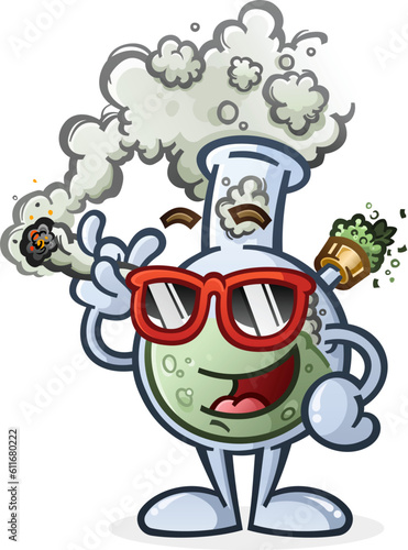Bong cartoon character with attitude smoking a big marijuana joint and smiling vector illustration