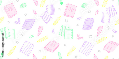 Multicolored school supplies and office stationary on a white background with grey stars. Back to school endless texture, education or business concept. Vector seamless pattern for office supply store