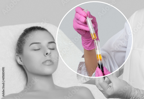 Cosmetologist does prp therapy on the face of a beautiful woman in a beauty salon. There is in vitro  blood plasma, ready for injection. Cosmetology concept.