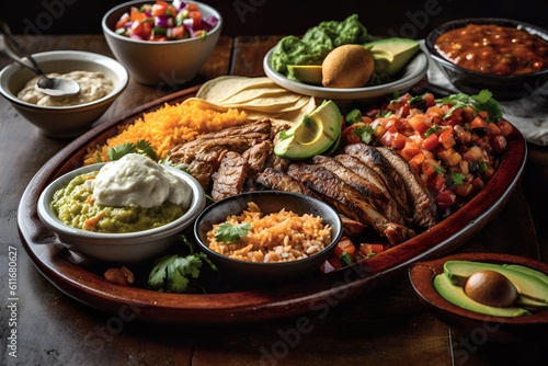 A plate of sizzling fajitas with marinated chicken or beef, guacamole and chips, rice and beans, and a side of creamy queso dip - Generative AI