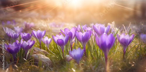 crocus blooming in the grass, in the style of light magenta and light amber - generative ai