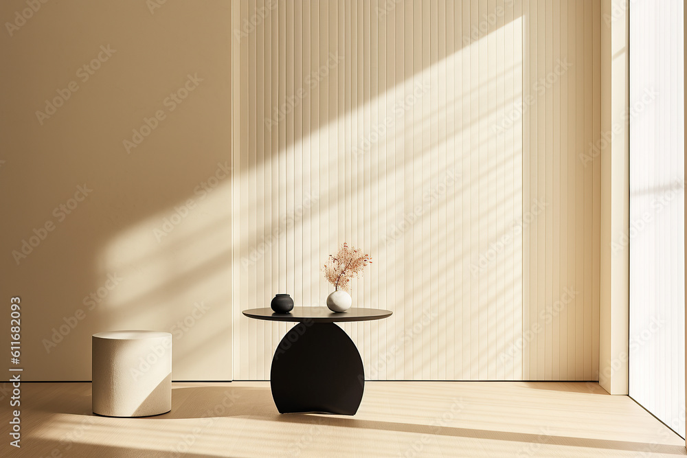 Cream color wall panels and a side table in a minimalistic interior design composition.Generative AI