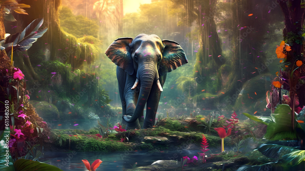 Obraz premium Elephant in fantastic and beautiful jungle. AI generated